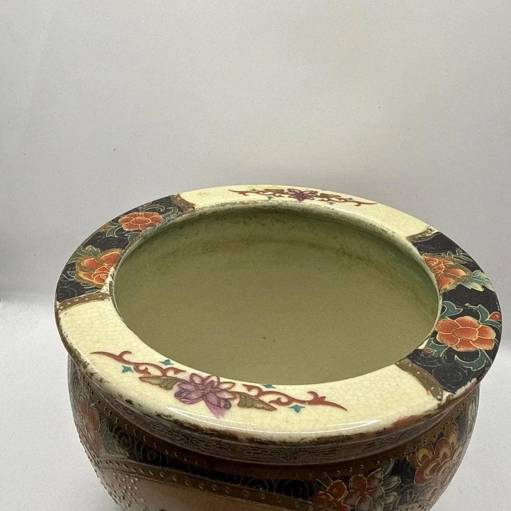 Vintage Satsuma Style Porcelain Fishbowl Planter Gold Trim5